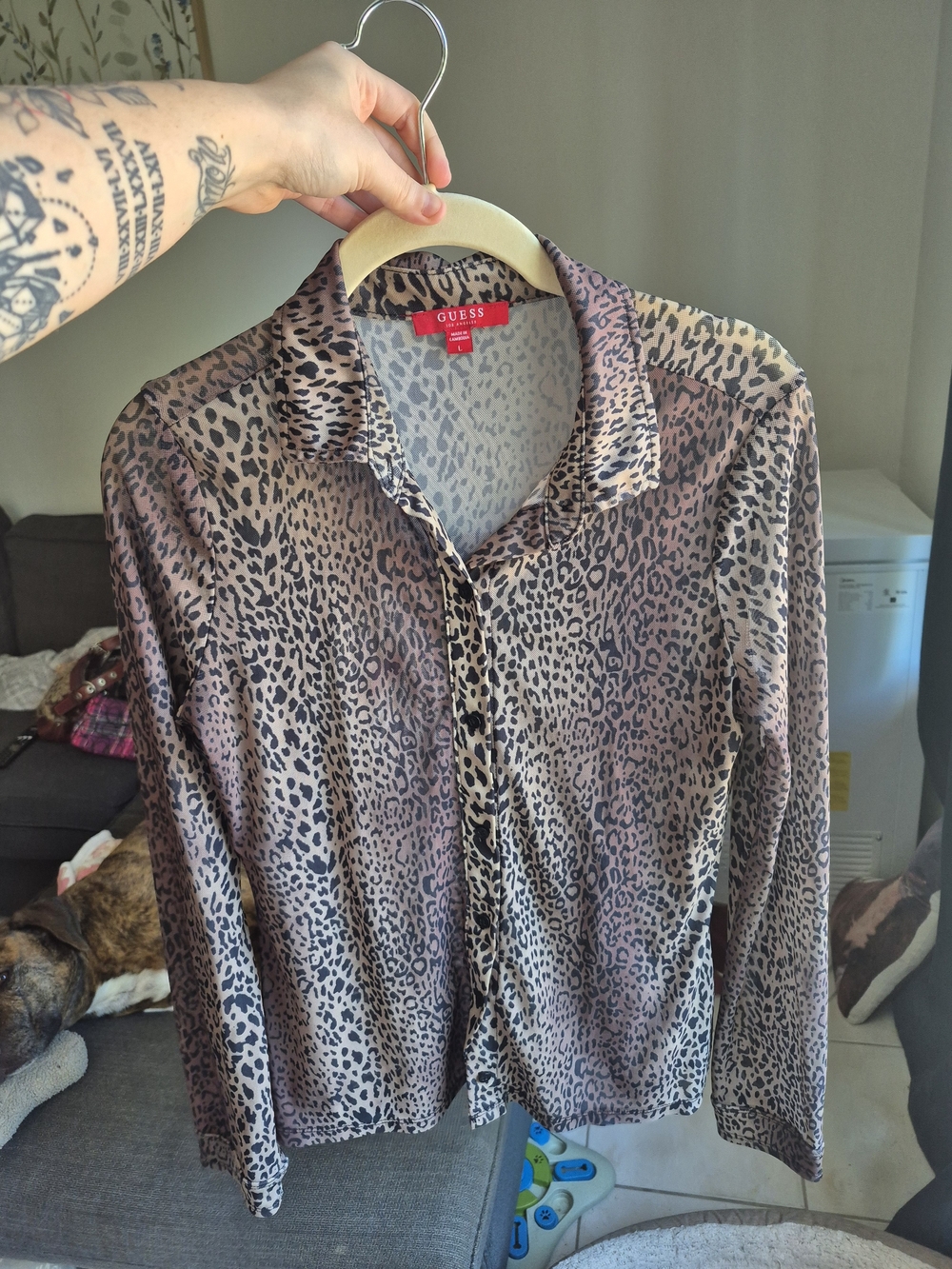 GUESS Leopard Print Button-Up Shirt - Taupe & Black